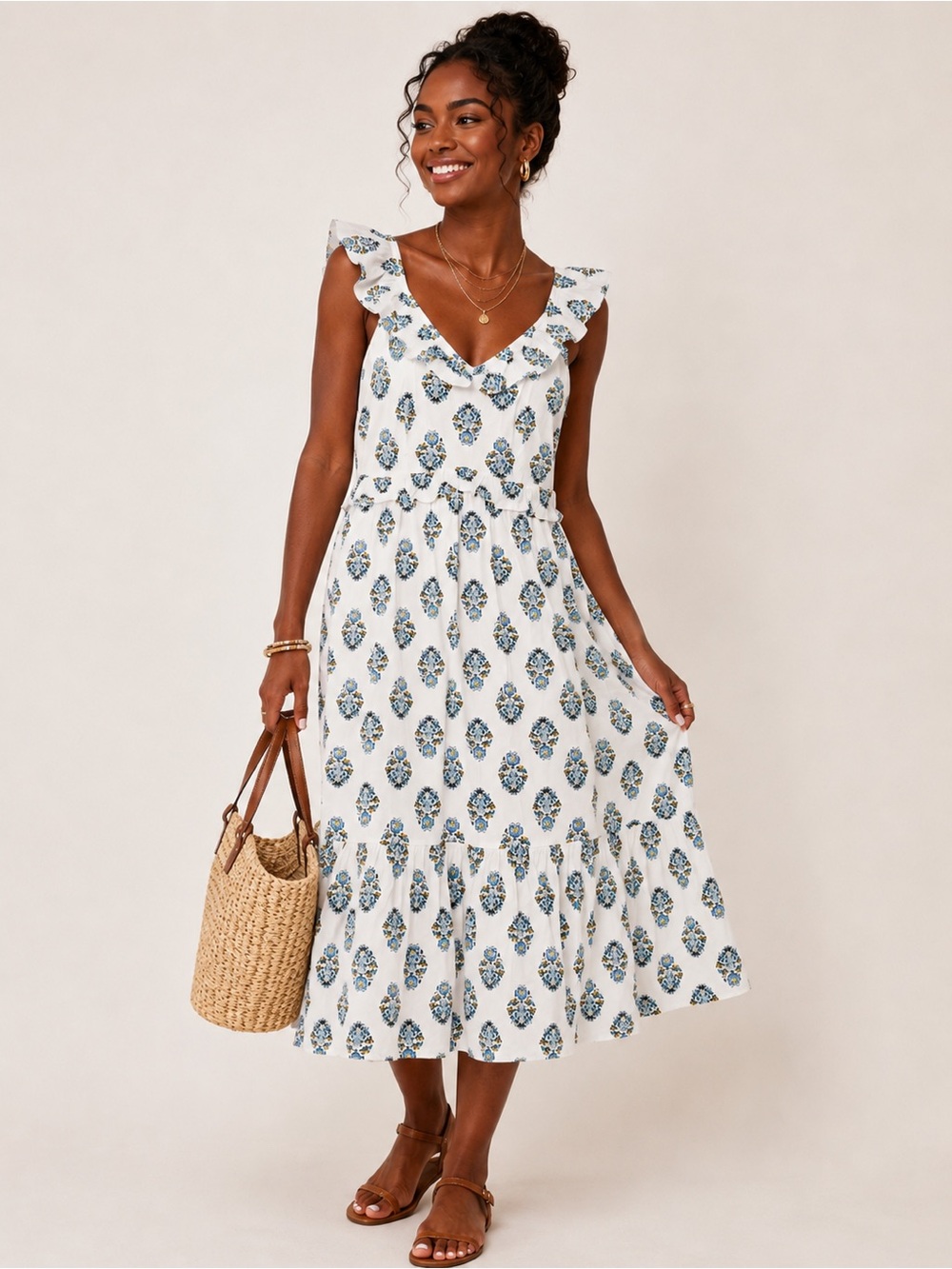J.Crew White Blue Floral Ruffle Midi Dress Size 6 Cottagecore, Sundress